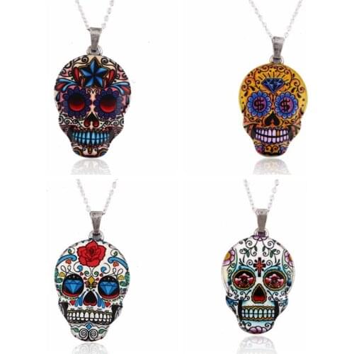 SMJEL Bijoux Ethnic Skeleton Necklace Women Punk Colorful Skull Head Necklaces Mexican Skull Jewelry Halloween Gift Dropshiping