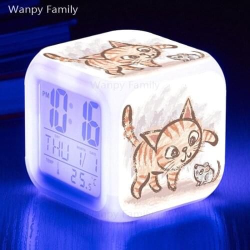 Lovely Cartoon Cat Mouse Alarm Clock 7 Color Glowing LED Digital Alarm Clock Kids Festival Gift Multifunctio Touch Sensing Clock