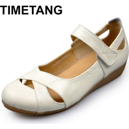 TIMETANG Summer cutout womens shoes Genuine leather flat sandals fashion female sandals soft outsole comfortable mother shoes