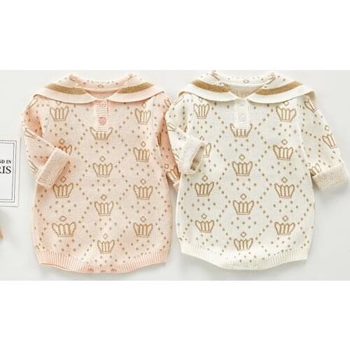 0-3Yrs Spring Autumn Baby Girls Long Sleeve Crown Rompers Jumpsuit Clothes Kids Baby Girl Printing Knit Clothes Rompers
