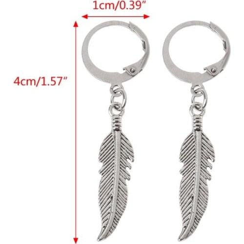 Y166 Vintage Leaf Titanium Steel Feather Pendant Hoop Earrings Korean Jewelry Unisex
