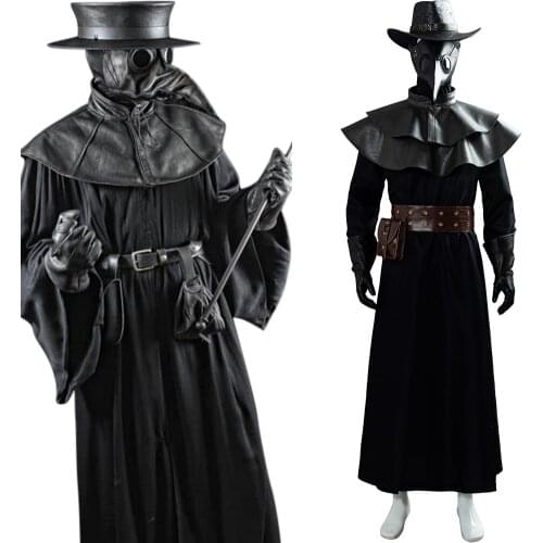 Steampunk Halloween Costume Outfit Brird Mask Cape Long Grown Hat Set Plague Doctor Cosplay