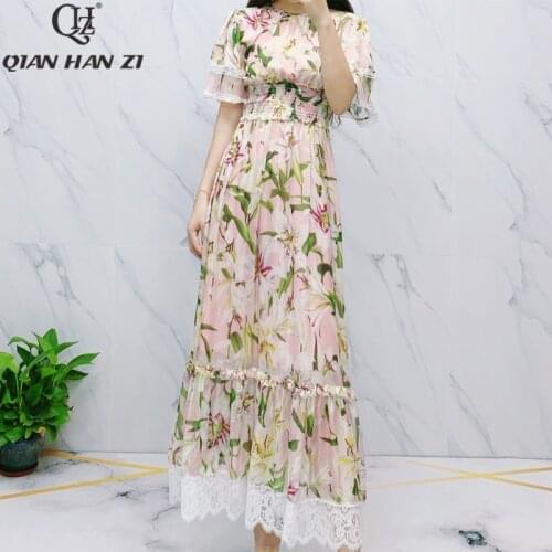 Qian Han Zi 2019 brand designer fashion Maxi dress Womens Elegant Lily Print Pink Patchwork Lace Beach Long Bohemian Dress
