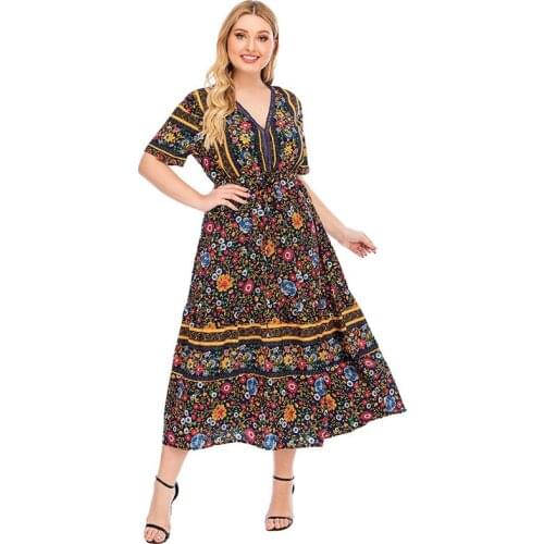 Fashion Women Summer Dress Plus Size 4XL Female V Neck Short Sleeve Retro Floral Print Boho Beach Dress Maxi Long Dresses