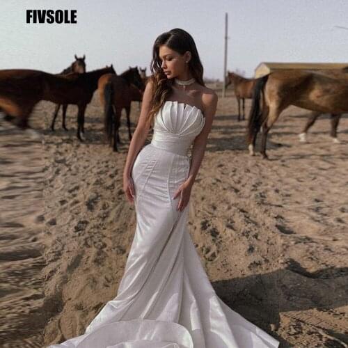Fivsole Satin Mermaid Wedding Dress 2021 Newest Spagehtti Straps Pleated Fashion V-neck Lace Bridal Dresses Robe De Mariee