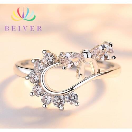 Beiver Geometric Bowknot Rings For Women Fashion Crystal Cubic Zircon Ring Engagement Party Wedding Jewelry Ring Size 6/7/8/9