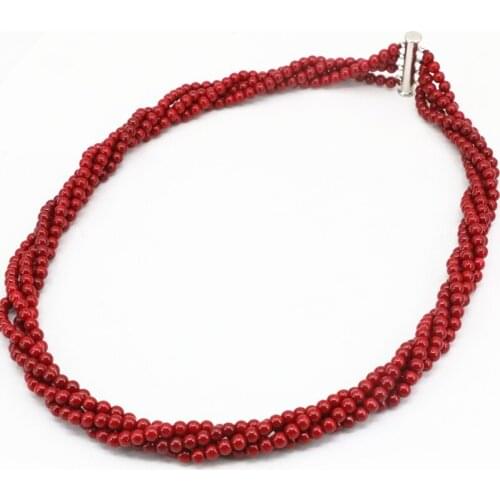 4mm Red Artificial Coral Round Beads Strand Necklace Women Fashion Party Gifts 4 Rows Winding Chain Jewelry 18inch B3460