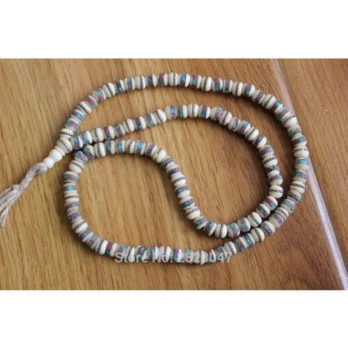 ML112 Ethnic Tibetan 108 White Yak Bone Prayer Beads Mala 8mm*6mm Bone Inlay Metal Silk Colorful Stone Buddhist Bracelet