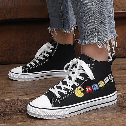 2021 New Trendy White and Black Anime Canvas Sneakers Male Platform Mens High Top Vulcanized Shoes Prints Teen Canvas Shoes Men