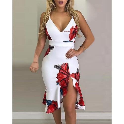2020 New Fashion Elegant Slim Bodycon Sexy Party Beach Dress Sleeveless Dress Spaghetti Strap Floral Print Slit Ruffles Dress