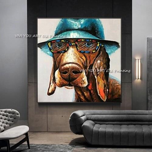 The Handpainted Wearing Glasses Blue Hat Dod Canvas Painting Modern Simple Artwork Picture Thick Oil Wall Art Animal Decoration