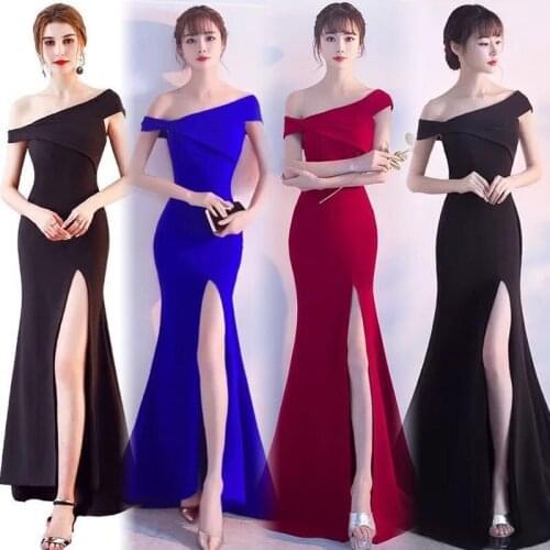 New Women Dress Strapless One Shoulder Satin Long Mermaid Formal Prom Gowns Party Dress Female Fashion Sleevess Solid Dresses