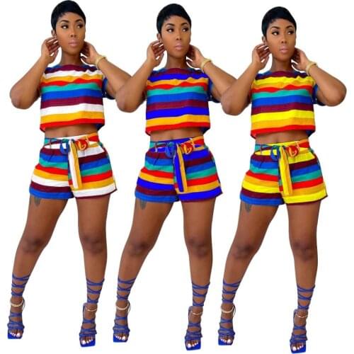 Casual Tracksuits 2 Pieces Rainbow Stripe Printed Classic T-Shirt Short Sleeve Tops Color Block Belt Shorts Joggers Sportswear