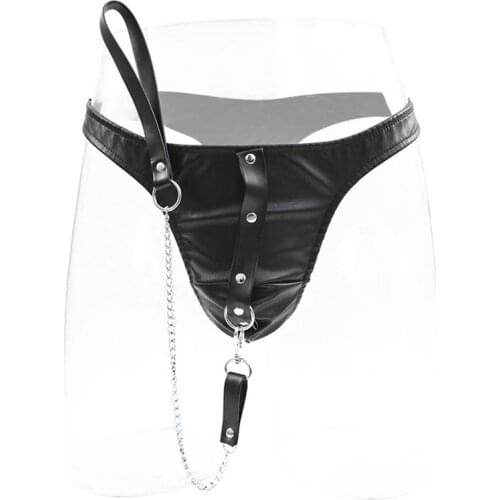 Sexy Leather Thong With Traction Chain Mens Stretch Chastity Device Belt Shorts SM Bondage Panty Lingerie Couple Flirt Sex Toys