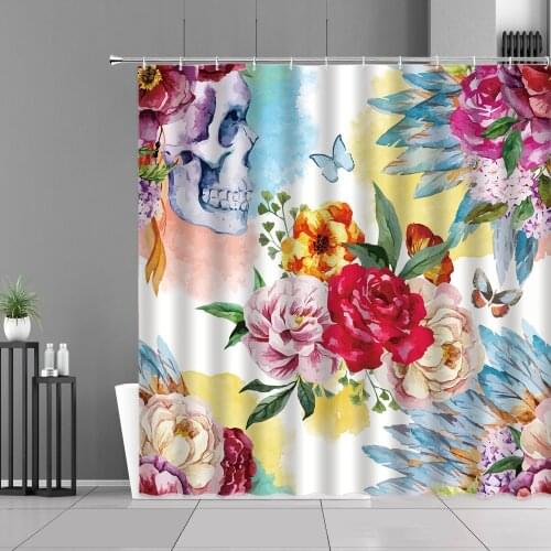 Spring Flower Plants Butterfly Skull Print Shower Curtain Color Art Floral Home Bathroom Decor Curtains Waterproof Bath Screen