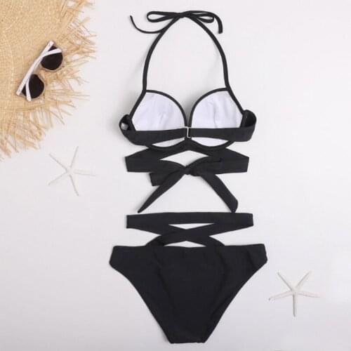 066C Women Sexy 2 Pieces Bikini Set Halter Push Up Underwire Padded Swimsuit Criss Cross Bandage Solid Color Bathing Suit