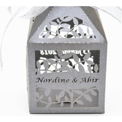 Dark silver laser cut personalized leaf wedding favour box with free ribbon