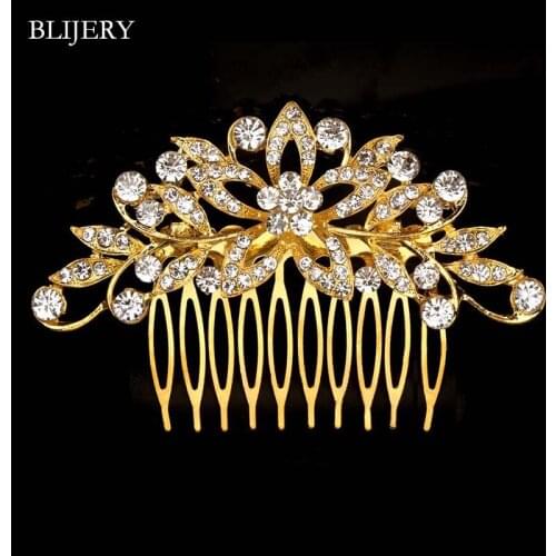 BLIJERY Gold Color Leaf Flower Wedding Hair Combs Rhinestone Crystal Women Hair Jewelry Engagement Party Bridal Hair Accessories