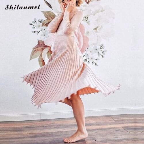 2019 Elegant Pleated Knitted Dress Women Autumn Winter Pink Midi Sweater Dress Office Lady Dress Plus Size Slim Knitting Vestido