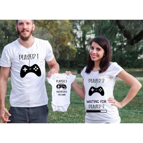 Player 1 Player 2 Wahtching for Player 3 Funny Couple Pregnancy Tshirts Baby Shower Gifts Pregnancy Announcement Couple T-shirts
