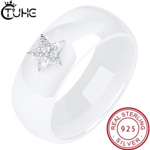 100% Real 925 Sterling Silver Moon Star Ceramic Rings 8MM AAA CZ Crystal Women Finger Rings Wedding Jewelry Elegant Gift