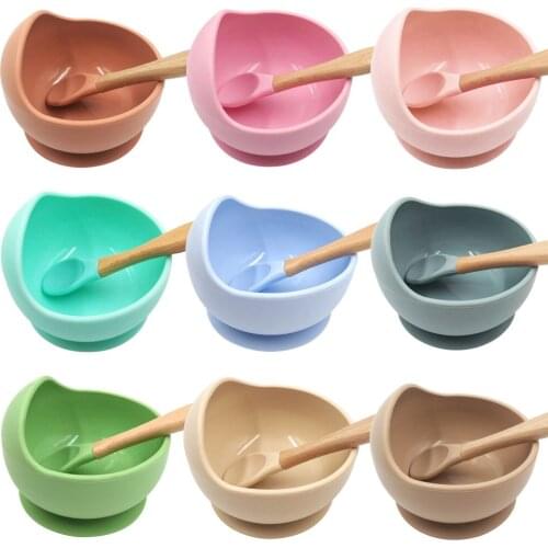 2pcs Baby Solid Feeding Bowls & Spoon Silicone Tableware Set Anti-slip Baby Dish Suction Bowl Childrens Utensils Snack Plate Fo