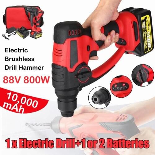88v 800w Rechargeable Electric Hammer Impact Drill Brushless Cordless 10000mAh Lithium Hammer Drill Power Tools w/ 2 Battery