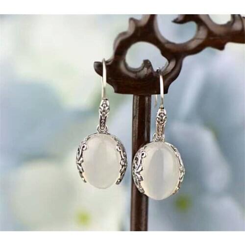BESTLYBUY S925 Silver Earring Natural White Chalcedony Stone 100% S925 Sterling Silver boucle Drop Earrings for Women Jewelry