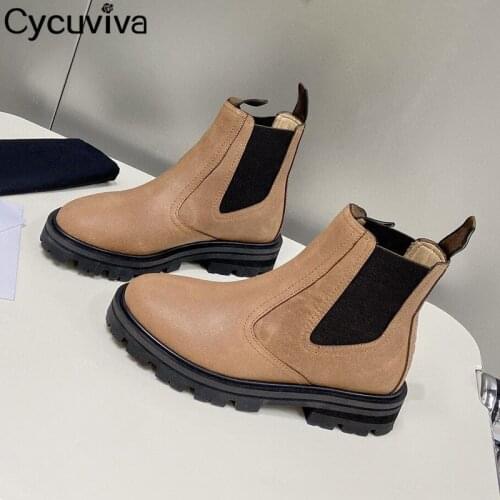 Genuine Leather Chelsea Short Boots Women Elastic Patchwork Casual Shoes Woman Autumn Platform Boots Cowboy Flat Knight Boots