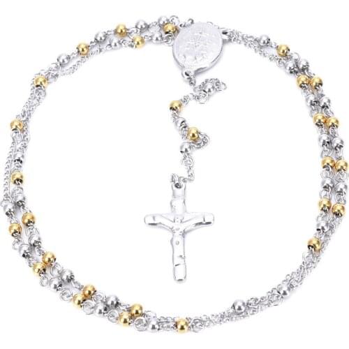 Jesus Cross Rosaries Necklace Vintage Silver Golden Jesus Rosary Centerpiece Religious 4/6/8mm Stainless Steel Beaded Jewelry