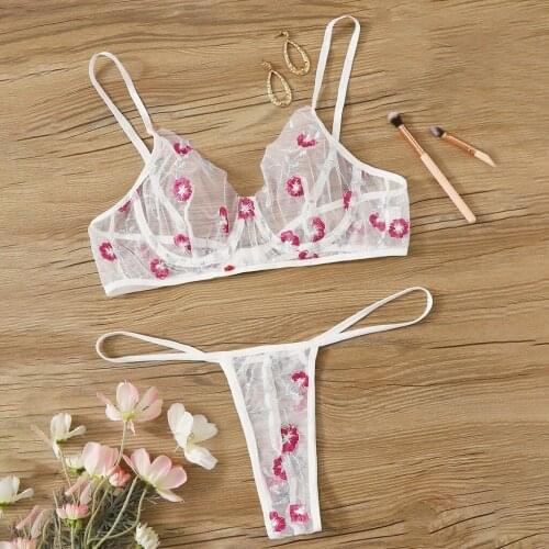 Erotic Lingerie Set Sexy Bra Floral Embroidery Sleeveless Backless + G-String Transparent Gauze Underwear Women Bielizna Damska