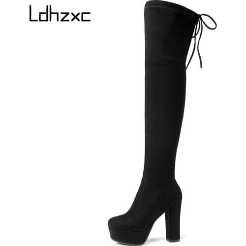 LDHZXC 2020 Over the Knee Boots Women snow boots Faux Suede Thigh High Boots Platform Stretch Slim Ladies Womens Winter Boots