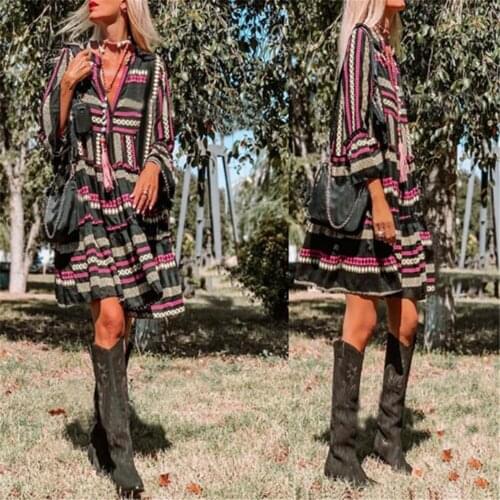 Summer Geometric Dress Vintage Sexy Lantern Sleeve Dress Beach Bohemian Women Summer Sundress 2021 Casual Vestido Plus Size 3XL