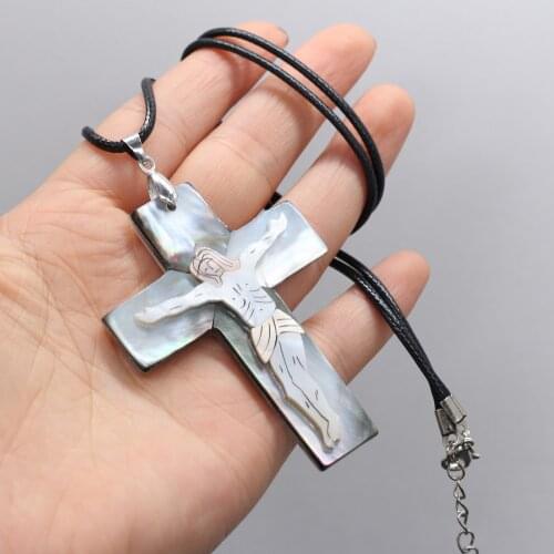 Natural Shell Necklace With Cross Pendant Leather Cord 2MM Charms For Elegant Women Love Romantic Gift