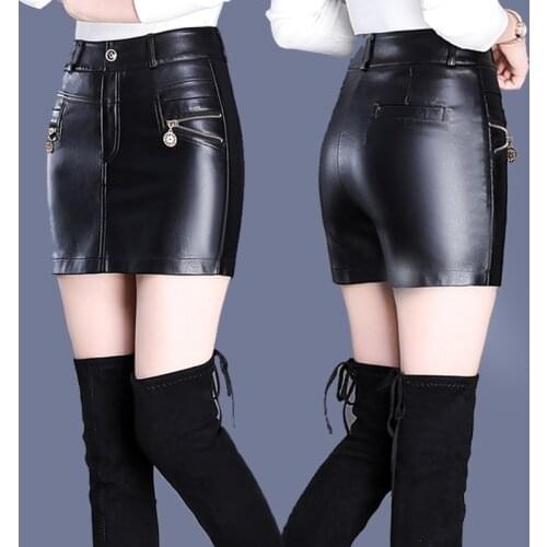 2020 new autumn and winter sexy package hip leather short skirt plus size fake two leather shorts skirt