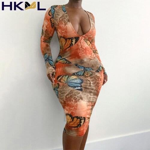 Long Sleeve V Neck Butterfly Printed Bodycon Midi Dress