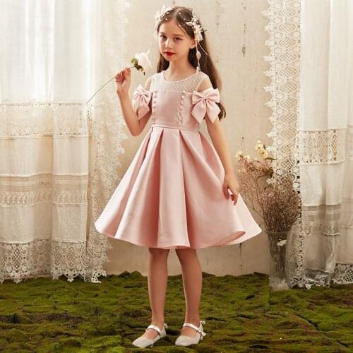 Flower Girl Dresses Off The Shoulder O-Neck Short Princess Knee-Length Tulle Button Bow Luxury Pink Lace Kids Party Gown H181