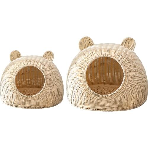 Wicker Cat Bed Indoor Modern Cat Hideaway Hut Rattan Houses Pets in Dome Basket Washable Play House Cage Kennel Toy