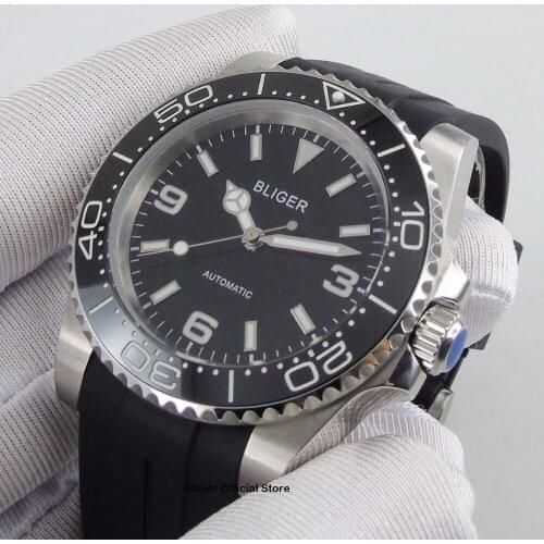 Simple BLIGER 40mm Black Mens Watch Sapphire Glass Luminous Bezel Miyota Automatic Movement Rubber Strap
