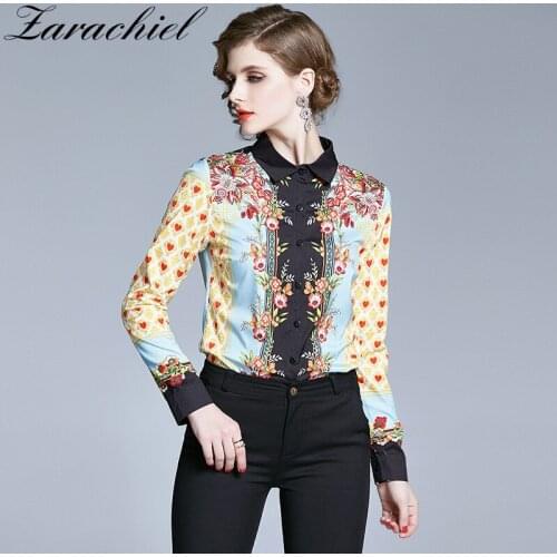 Womens Luxury Flower Print Tops and Shirt Vintage Office Long Sleeve Shirt Blusas mujer 2021 Fashion Female Thin Shirts Blouse