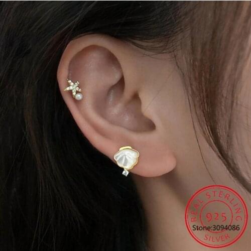 Minimalistic 925 Sterling Silver Shell Starfish Stud Earrings for Women Cubic Zircon Small Asymmetric Earrings S-E1340