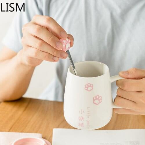 Pink Cat Cute Mugs White with Lid with Spoon Girl Coffee Creative Mug Japanese Milk Ceramic Cartoon Cups and Mugs Creative Cups