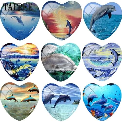 TAFREE Blue Sea Dolphins Heart Shape DIY Glass Cabohcon Art Picture Demo Flat Back Making Findings For Bracelets Keychains