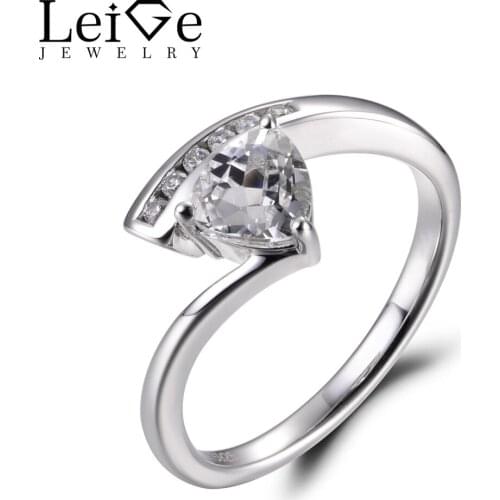 LeiGe Jewelry Natural White Topaz Rings Unique Wedding Ring November Birthstone Ring Trillion Cut Gems Ring 925 Sterling Silver
