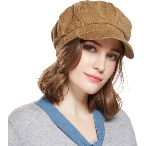 Beret Corduroy Newsboy Hat for Women Visor Adjustable Winter Octagonal Cap for Ladies