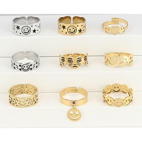Vintage Smile Face Ring Stainless Steel Rings For Women Open Finger Ring Geometric Gold Silver Color Adjustable Ring Jewelry