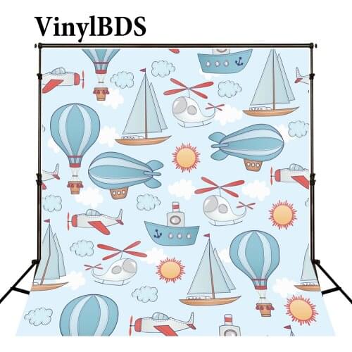 VinylBDS Newborn Dress Background Cartoon Blue Sky Photography Children Backdrop Sun Aircraft Sailboat For Photo Shoot