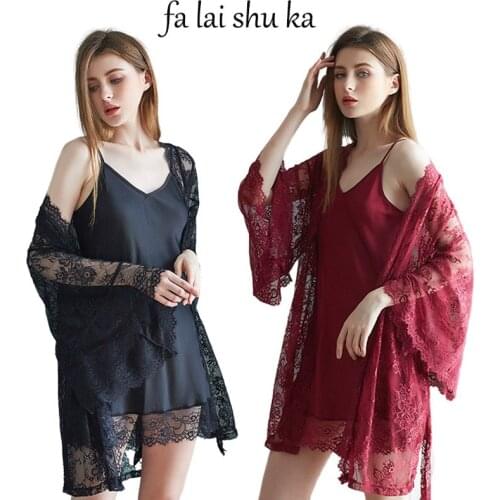Sexy Lace Satin Sleepwear Women Ladies Night Dress Lingerie Nighties V-Neck Nightdress Lace Up Loose Nightgown Plus Size Robe