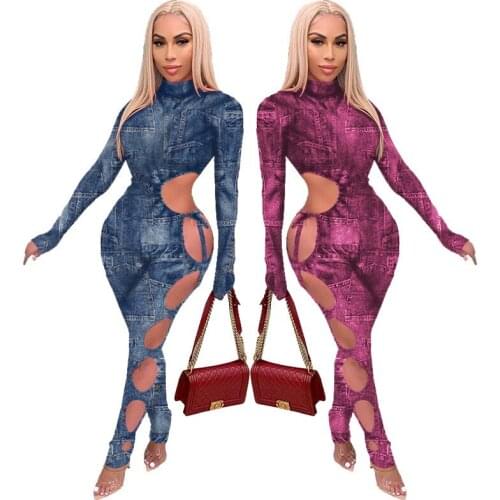 Winter Fall Fake Jean Print Womens Jumpsuit Sexy Club Party One Piece Overall Bodycon Hollow Out Biker Rompers Outfit
