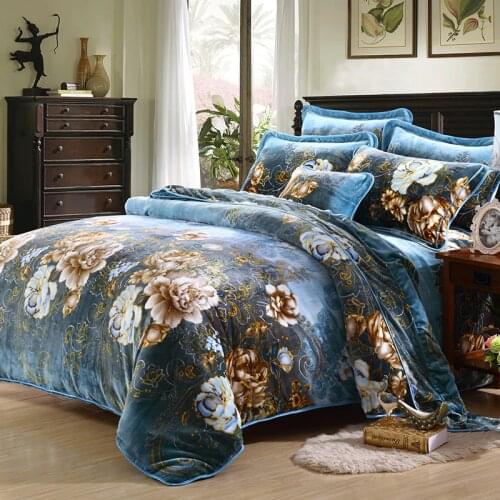 Fleece fabric Winter Thick Duvet cover sets blue Queen King size Warm Bedding set 4pcs bedclothes Bedsheet/Bed linen